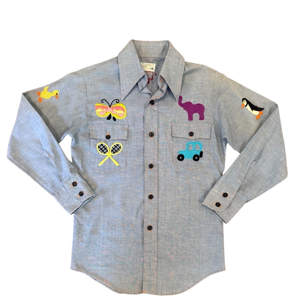 Vintage JCPenney Kids Blue Embroidered Button Down Shirt 70s Novelty Size 14